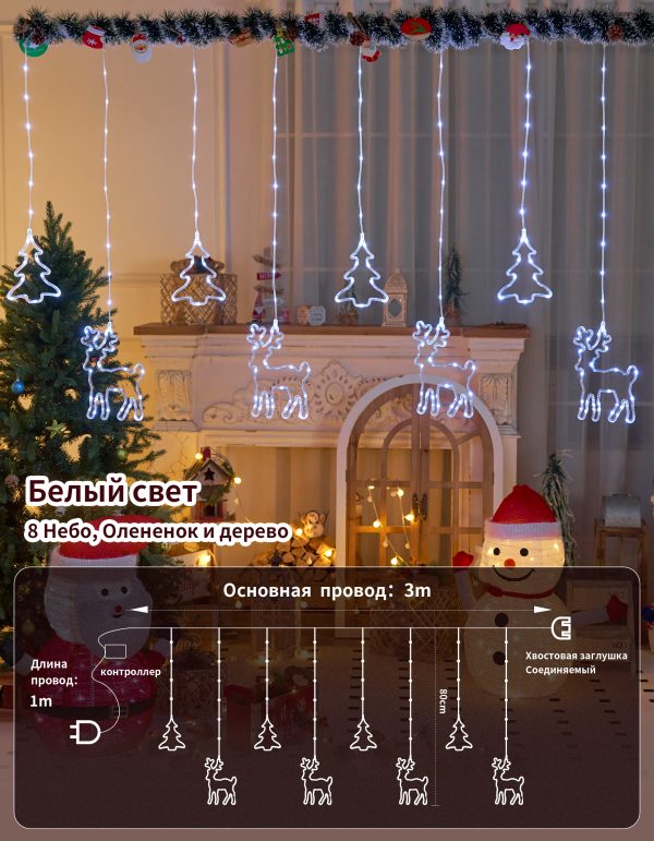 Гирлянда штора олени елочки колокольчики звезды